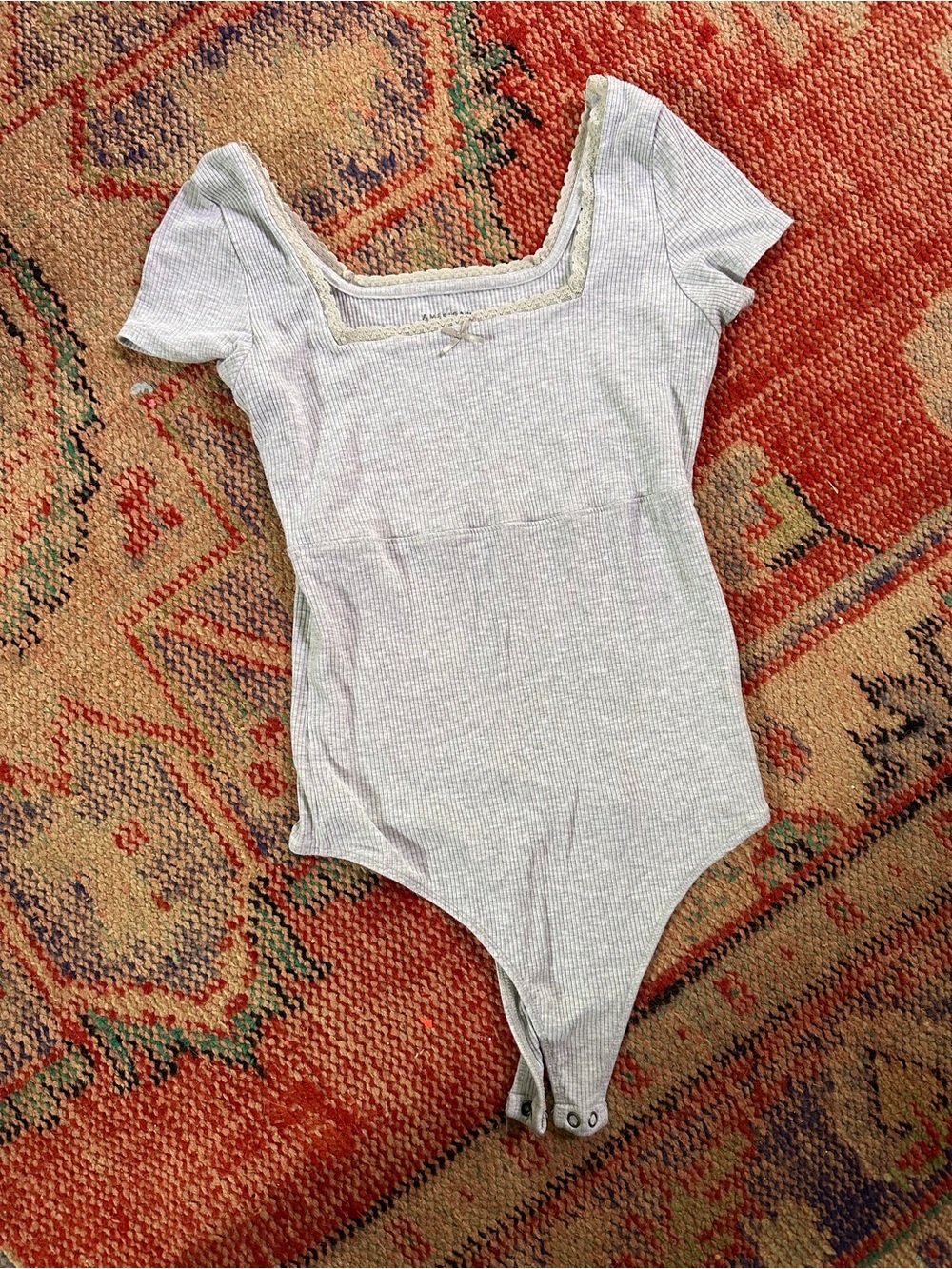 American Eagle Light Gray Ribbed Lace-Trim bodysuit